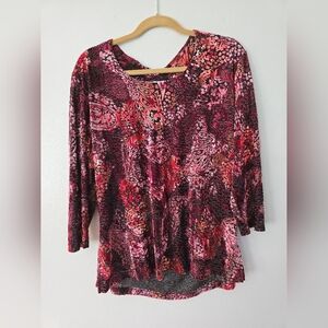 Chicos Shirt Long Sleeve Velvet Red Paisley Print Stretch Size 3 XL